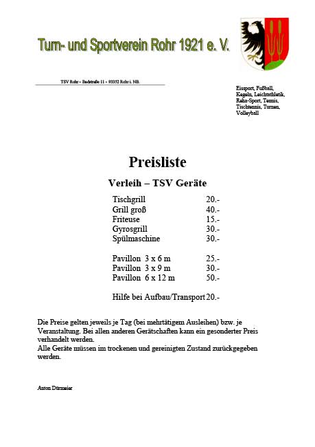 TSV Rohr Preisliste